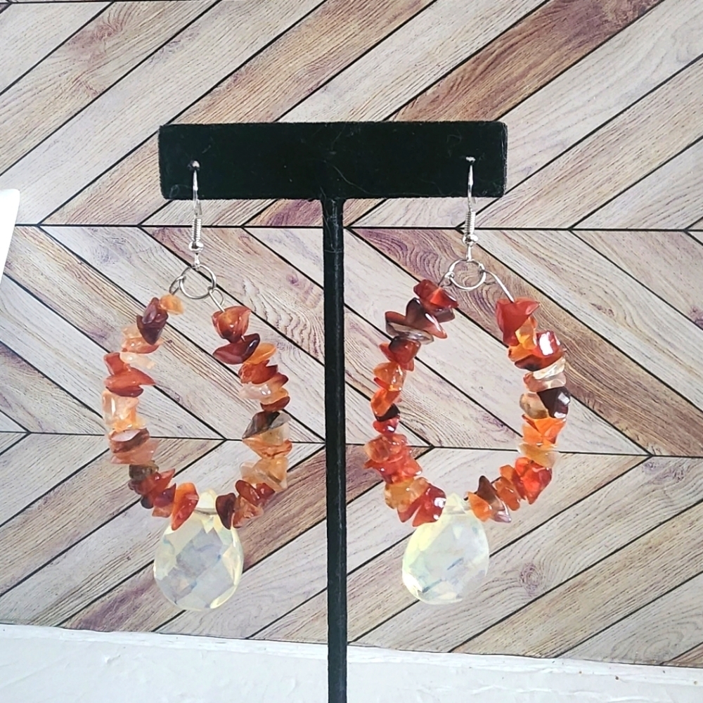 Handmade Natural Agate Stone and Crystal Drop Teardrop Earrings New